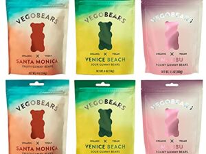 VegoBears Vegan Gummy Bears Variety Pack – Santa Monica, Venice Beach, & Malibu Organic Gummy Bears, Vegan Gummy Candy, Non-GMO, Vegan Snack, Organic Candy, Vegan Candy (6 Pack)