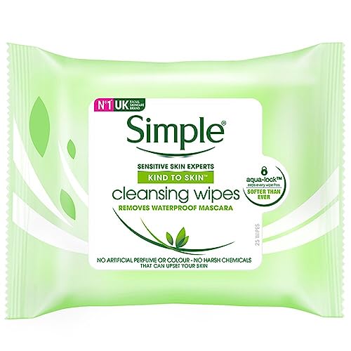 Simple Kind to Skin Facial Wipes Gentle and Effective Makeup Remover Cleansing Free from color and dye artificial perfume and harsh chemicals 25 Wipes