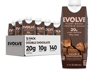Evolve Plant Based Protein Shake, Double Chocolate, 20g Vegan Protein, Dairy Free, No Artificial Sweeteners, Non-GMO, 10g Fiber, 11 Fl Oz (Pack of 12) - (Formula May Vary)