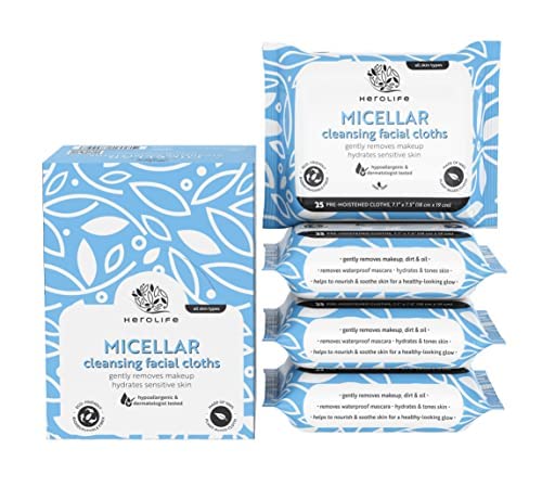 HEROLIFE Micellar Cleansing Facial Cloths, Plant-Based, Biodegradable formulated with Plant-derived Ingredients (4 packs of 25 = 100 Thick, 7.1” x 7.5” Large size wet wipes)