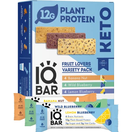 IQBAR Brain and Body Keto Protein Bars - Fruit Lovers Variety Keto Bars - 12-Count Energy Bars - Low Carb Protein Bars - High Fiber Vegan Bars and Low Sugar Meal Replacement Bars - Vegan Snacks