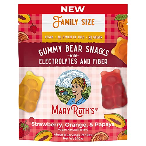 MaryRuth's Gummy Bears Snack with Electrolytes and Fiber | Fruit Flavored Gummy Candy Pack | Strawberry | Orange | Papaya | Vegan | Gluten Free | Non-GMO | Family Size | 240g