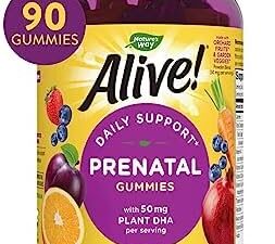 Nature's Way Alive! Daily Support Prenatal Gummies, 50mg Plant-Based DHA per Serving, Vegetarian, 90 Gummies, Orange and Raspberry Lemonade Flavored