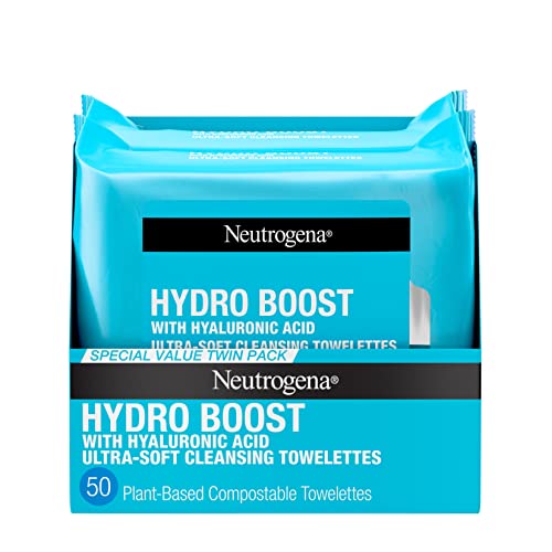 Neutrogena Hydro Boost Facial Cleansing Towelettes + Hyaluronic Acid, Hydrating Makeup Remover Face Wipes Remove Dirt & Waterproof Makeup, Hypoallergenic, 100% Plant-Based Cloth, 2 x 25 ct
