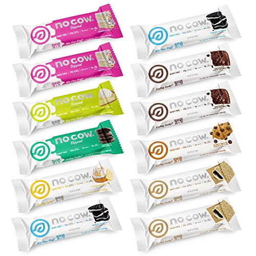 No Cow High Protein Bars, Brand Sampler Pack, 20g Plus Plant Based Vegan Protein, Keto Friendly, Low Sugar, Low Carb, Low Calorie, Gluten Free, Naturally Sweetened, Dairy Free, Non GMO, Kosher, 12 Pack