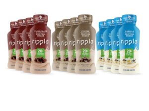 Ripple Vegan Protein Shake | Variety Pack | 20g Nutritious Plant Based Pea Protein | Shelf Stable | No GMOs, Soy, Nut, Gluten, Lactose | 12 Oz, 12 Pack