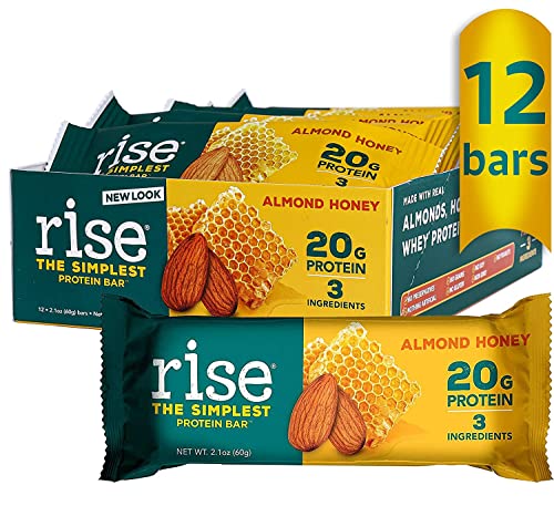Rise Whey Protein Bars - Almond Honey | Healthy Breakfast Bar & Protein Snacks, 20g Protein, 4g Fiber, Just 3 Whole Food Ingredients, Non-GMO Healthy Snacks, Gluten-Free, Soy Free Bar, 12 Pack