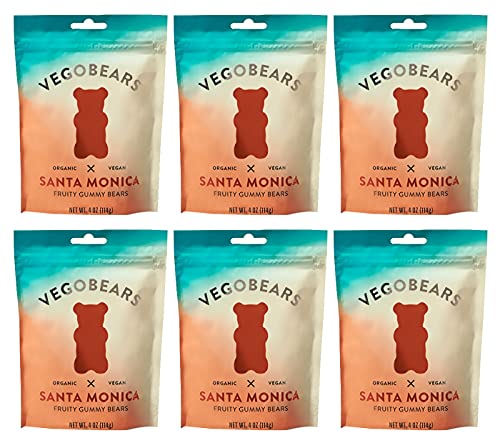 VegoBears Santa Monica Vegan Gummy Bears – Organic Fruity Gummy Bears, Non-GMO, Banana, Pineapple, & Strawberry Gummies 4 Ounce (6 Pack)