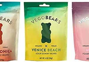 VegoBears Vegan Gummy Bears Variety Pack – Santa Monica, Venice Beach, & Malibu Organic Gummy Bears, Non-GMO, Organic Candy, Vegan Candy (3 Pack)
