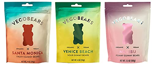 VegoBears Vegan Gummy Bears Variety Pack – Santa Monica, Venice Beach, & Malibu Organic Gummy Bears, Non-GMO, Organic Candy, Vegan Candy (3 Pack)