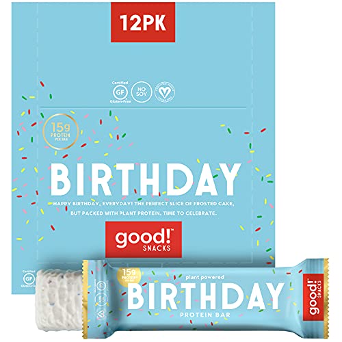 good! Snacks Vegan Protein Bars, Birthday Cake Bar, Gluten Free, Plant Based, Low Sugar, High Protein Meal Replacement Bar, Guilt-Free & Nutritious Healthy Snacks for Energy, 15g Protein, Kosher, Soy Free, Non Dairy, Non GMO, Vegetarian (12 Bars)